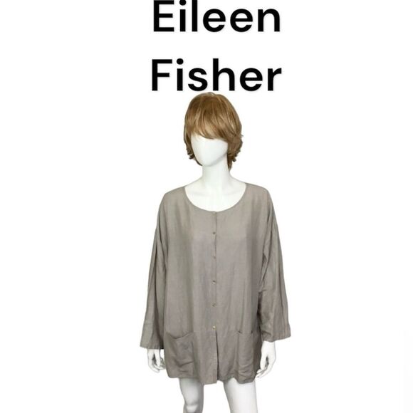 Eileen Fisher Taupe Linen Silk Long Sleeve Mandarin Collar Button Up Shaket 2X - Picture 1 of 9
